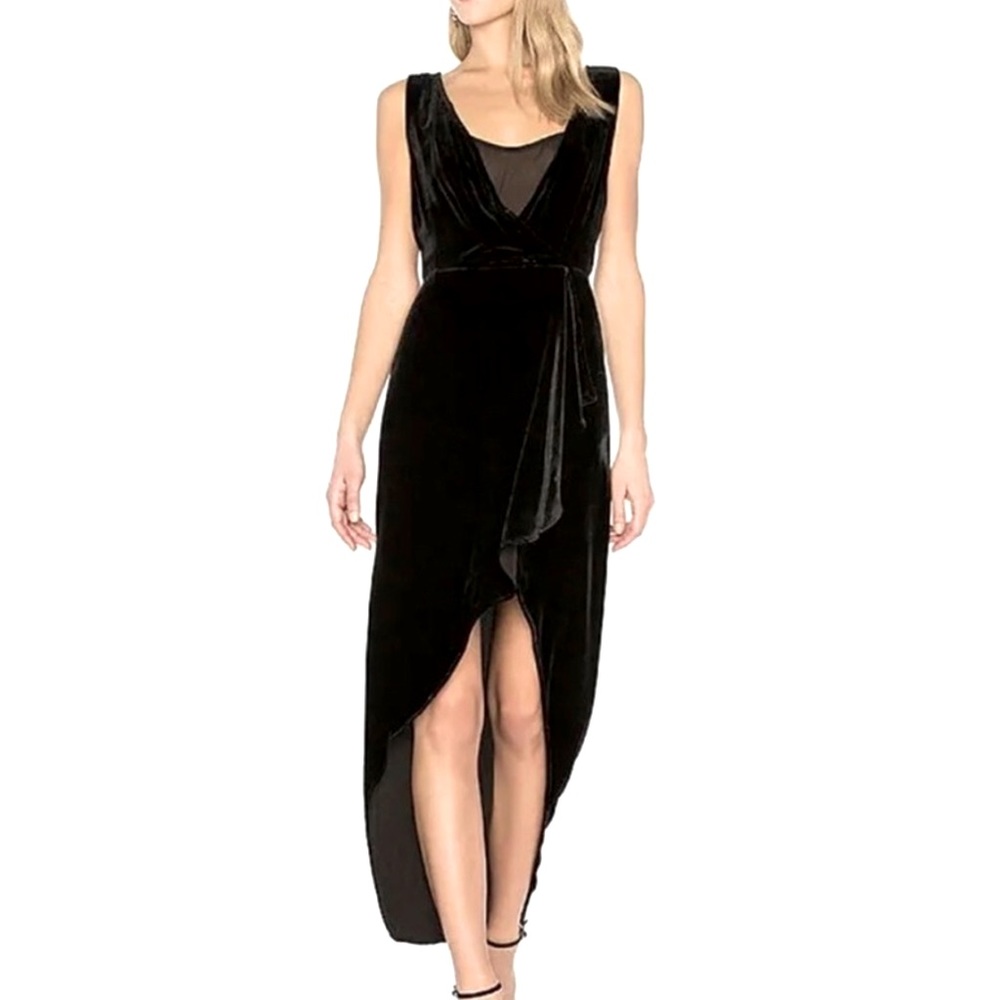 BCBGMaxAzria Ria New Black Velvet Asymmetrical Wrap Sleeveless Maxi Dress S